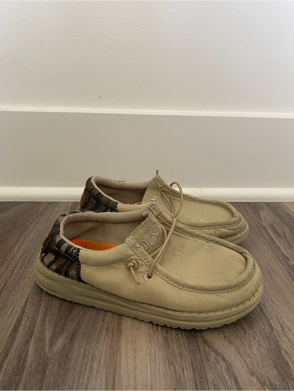 Hey Dude Kids Tan Knit Slip-On Loafers with Patterned Heel